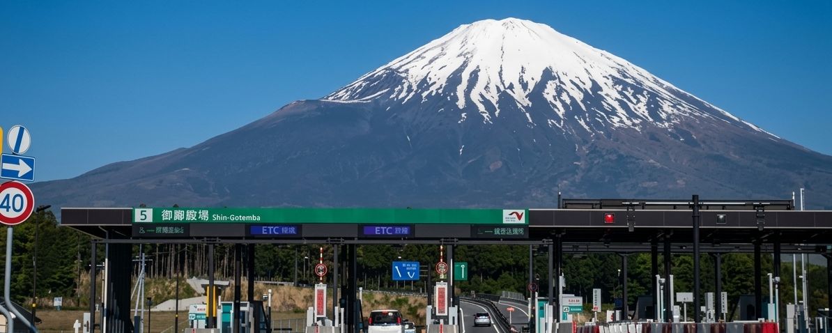 新御殿場インターチェンジの料金所と富士山